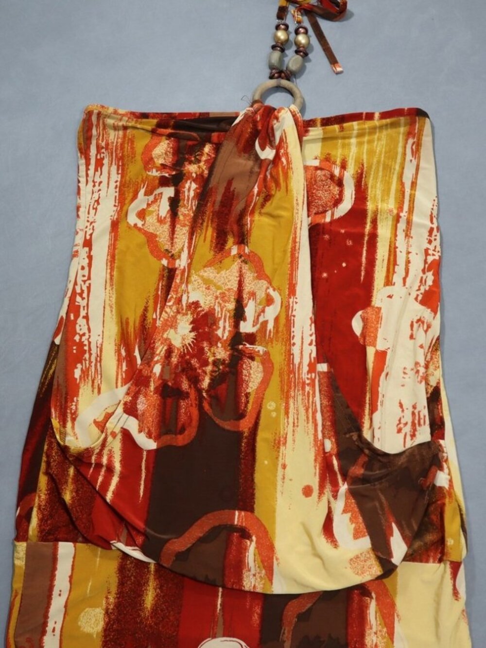 Chesley Beaded Halter Top M Orange Red Abstract Floral Y2K Boho Tie Neck